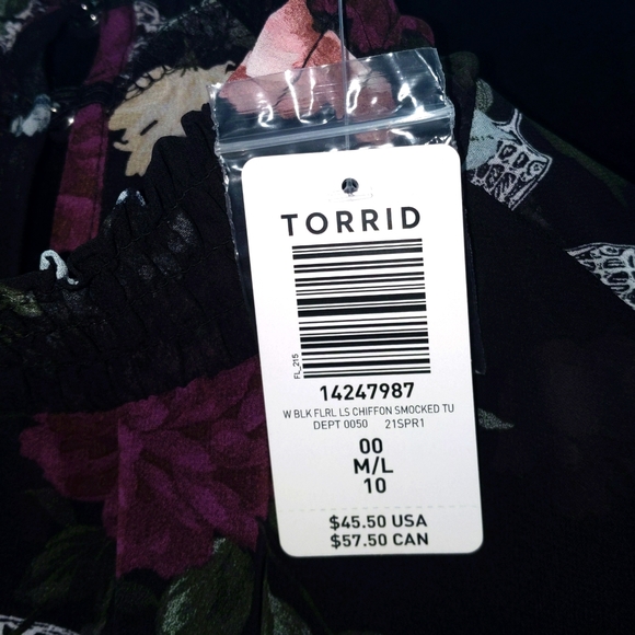 BLACK FLORAL CHIFFON SMOCKED MOCK NECK BLOUSE - Picture 4 of 4